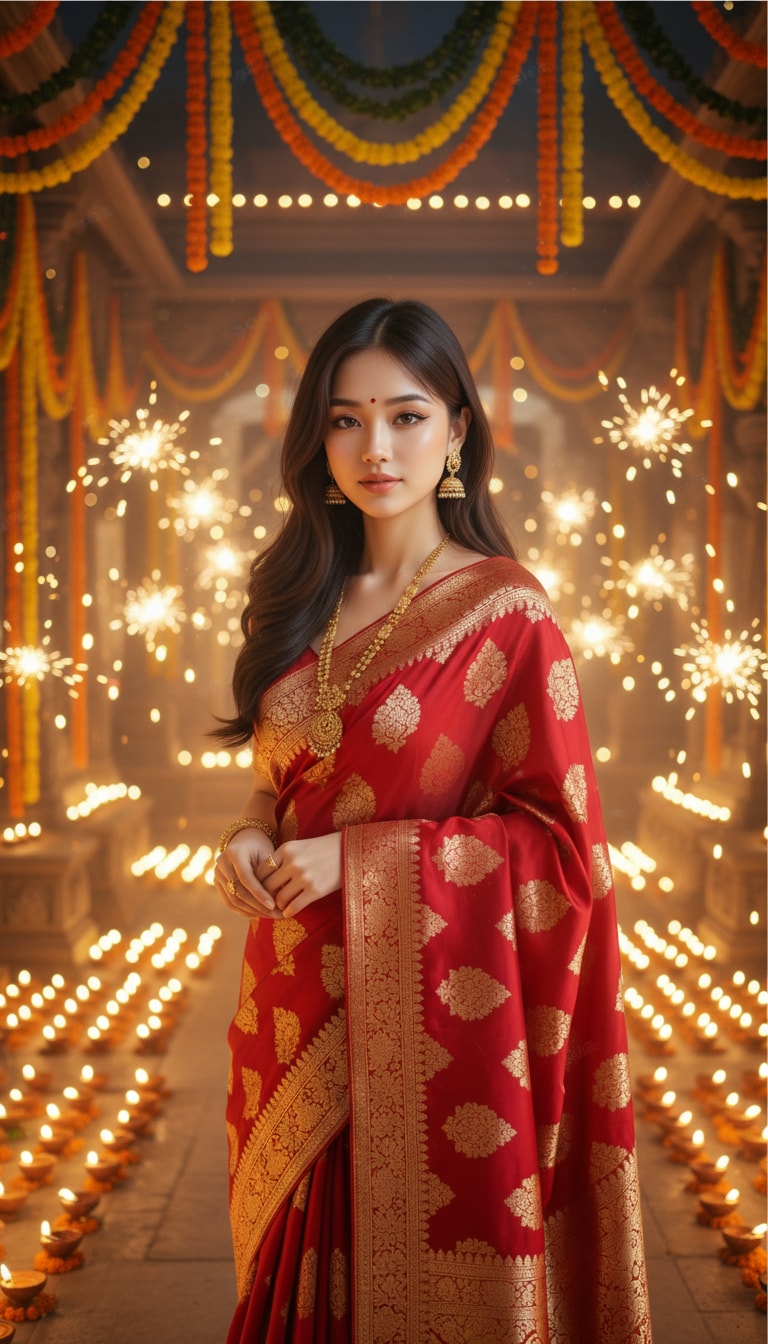 Woman in Saree at Temple Courtyard