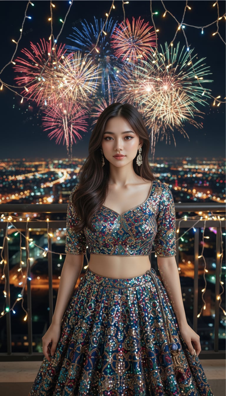 Woman in Modern Lehenga on Balcony