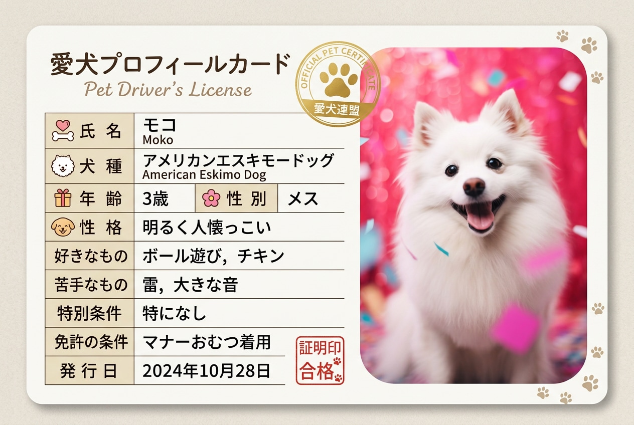 王道の愛犬免許証風AI画像