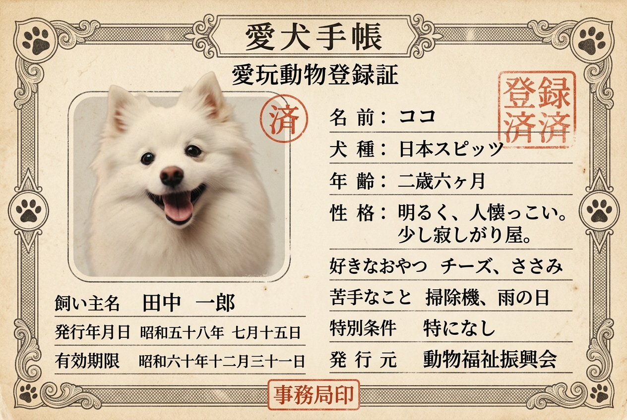 レトロな愛犬手帳風カード