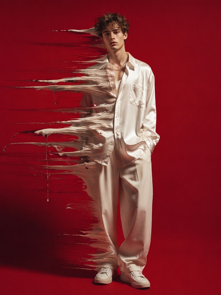 Red Background White Outfit Drip Effect dripping effect AI photo editing prompt