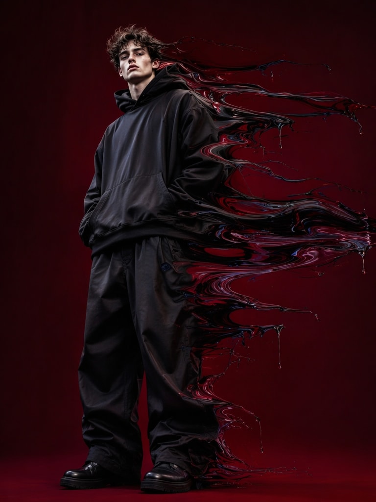 Black Hoodie Liquid Stretch Effect dripping effect AI photo editing prompt