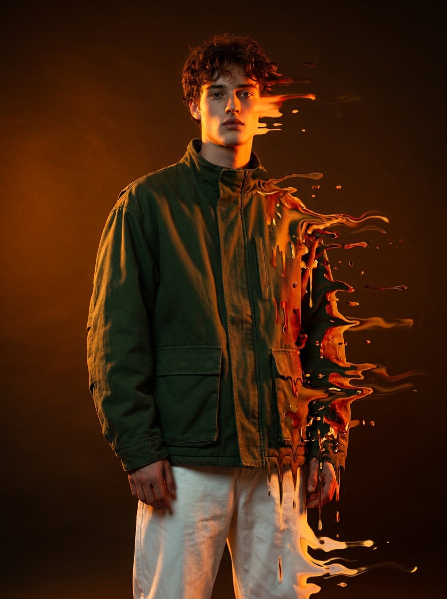 Green Jacket Distortion Aesthetic dripping effect AI photo editing prompt