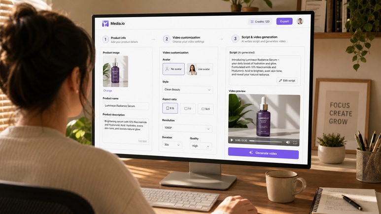 Editable Beauty Product Photography video workflow for avatar, style, ratio, duration, and quality settings