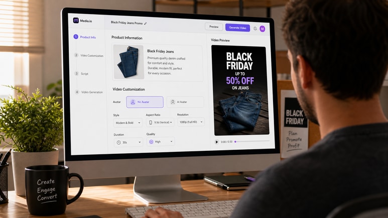 Editable Black Friday Jeans video workflow for avatar, style, ratio, duration, and quality settings