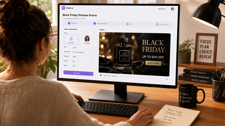 Editable Black Friday Perfume video workflow for avatar, style, ratio, duration, and quality settings