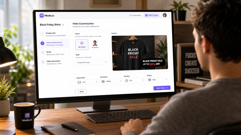 Editable Black Friday Shirts video workflow for avatar, style, ratio, duration, and quality settings