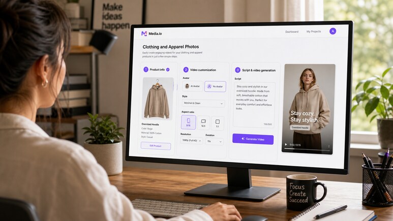 Editable Clothing and Apparel Photos video workflow for avatar, style, ratio, duration, and quality settings