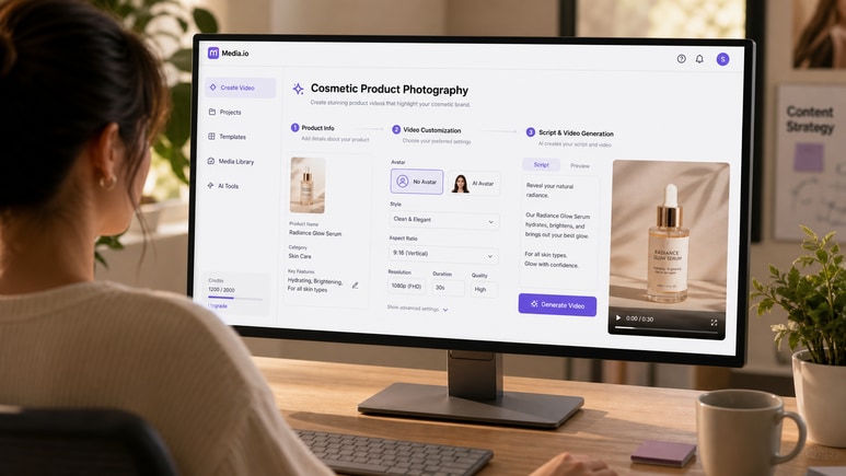 Editable Cosmetic Product Photography video workflow for avatar, style, ratio, duration, and quality settings