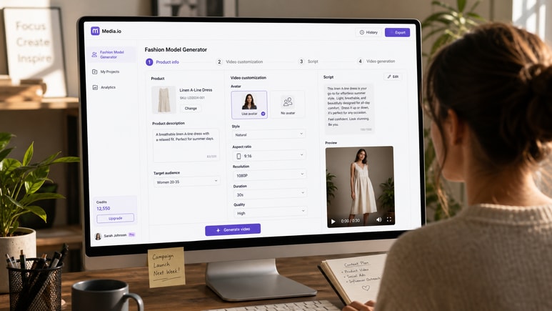Editable Fashion Model Generator video workflow for avatar, style, ratio, duration, and quality settings