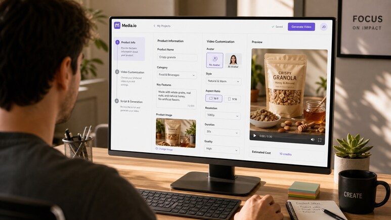 Editable Food Product Photography video workflow for avatar, style, ratio, duration, and quality settings