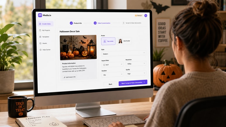 Editable Halloween Decor Sale video workflow for avatar, style, ratio, duration, and quality settings