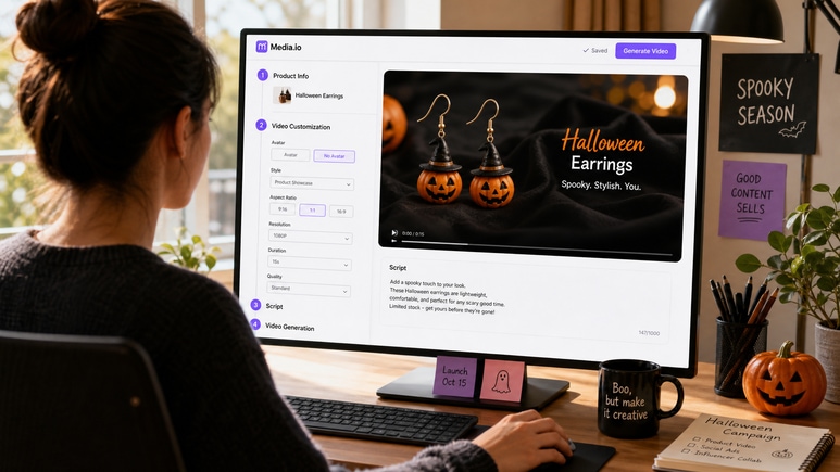 Editable Halloween Earrings video workflow for avatar, style, ratio, duration, and quality settings