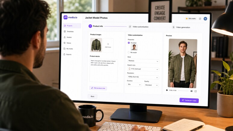 Editable Jacket Model Photos video workflow for avatar, style, ratio, duration, and quality settings