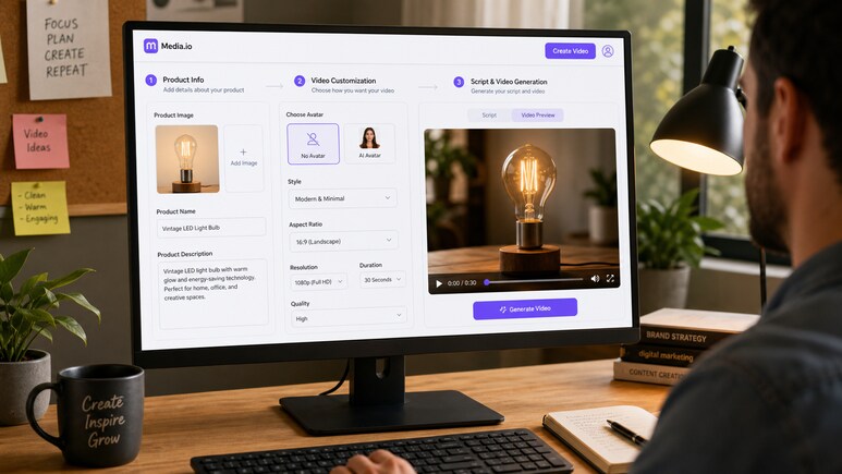 Editable Light Bulb Photography video workflow for avatar, style, ratio, duration, and quality settings