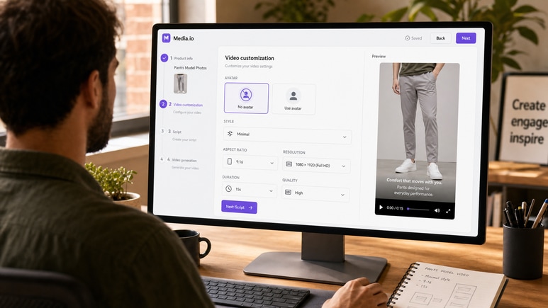 Editable Pants Model Photos video workflow for avatar, style, ratio, duration, and quality settings