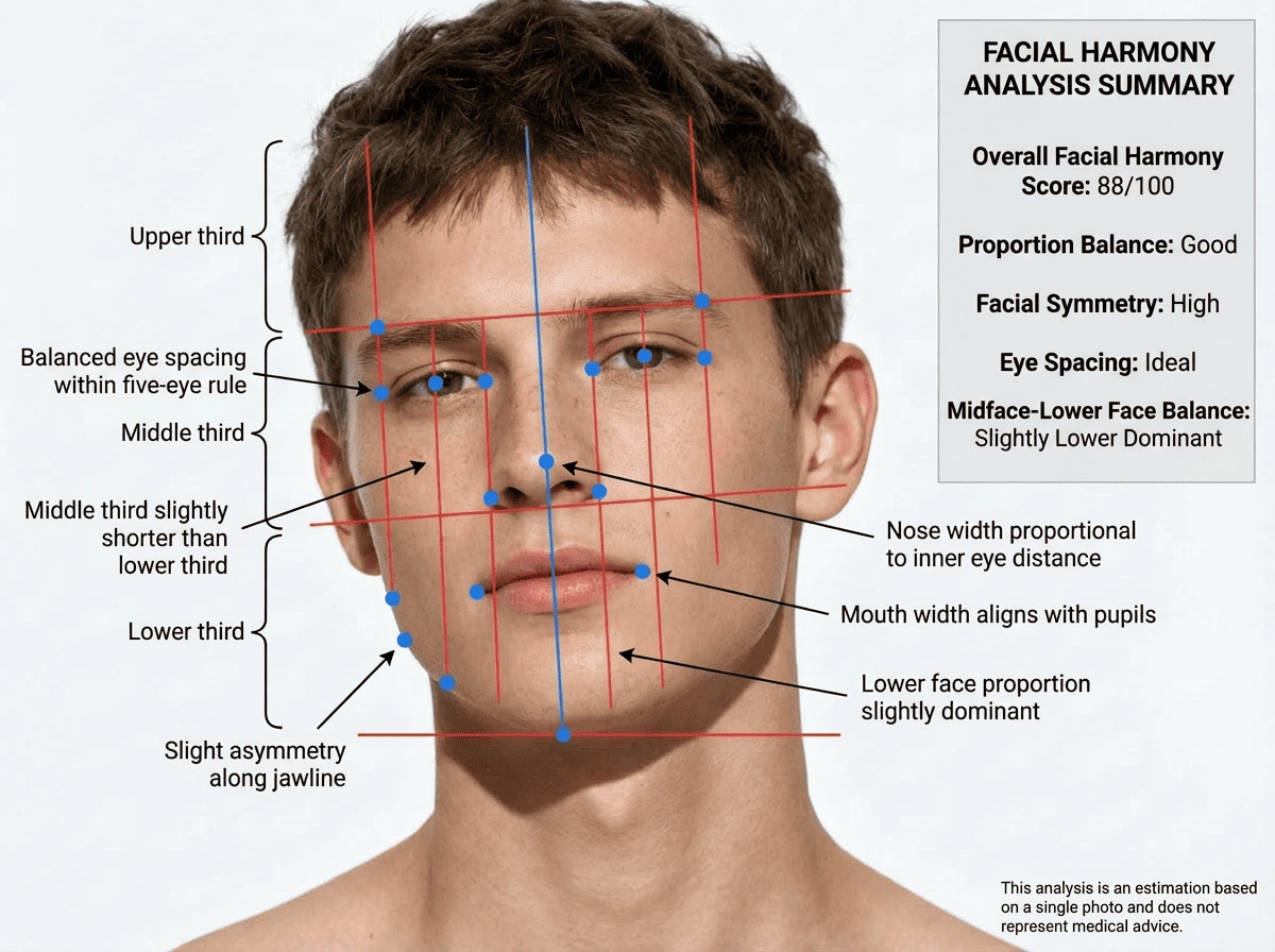 AI facial harmony test result for boy with facial proportion lines and harmony score