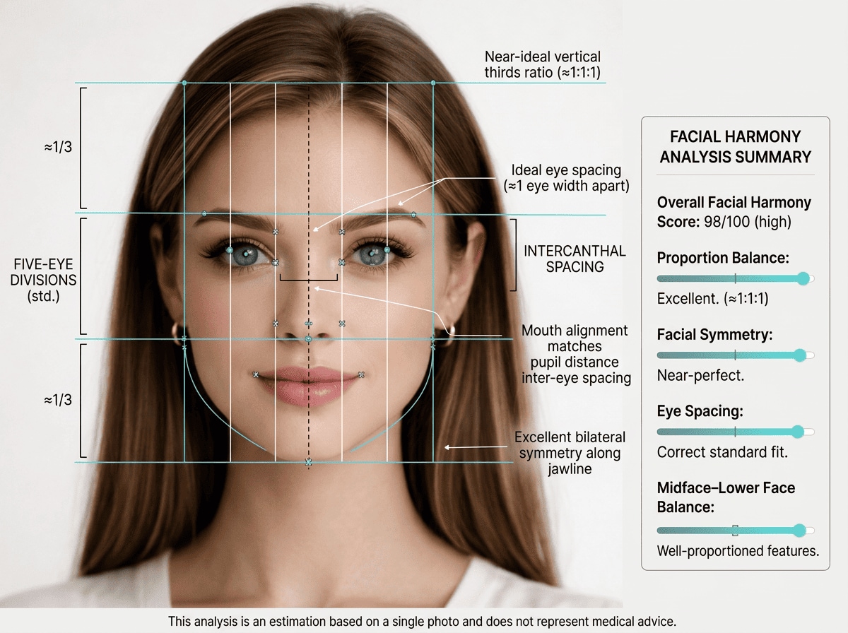 AI facial harmony analysis report for girl showing facial balance and proportion breakdown
