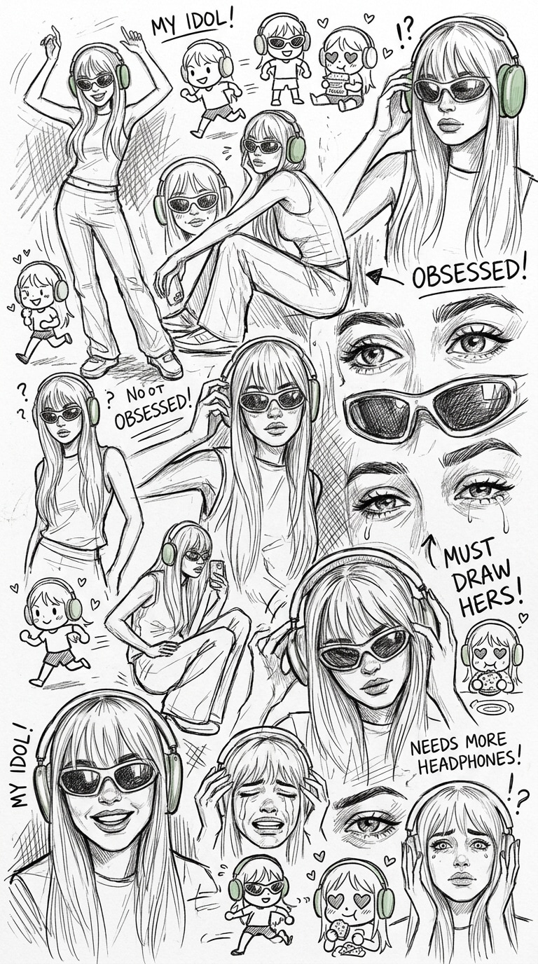 Obsessed fan artist sketchbook page AI portrait