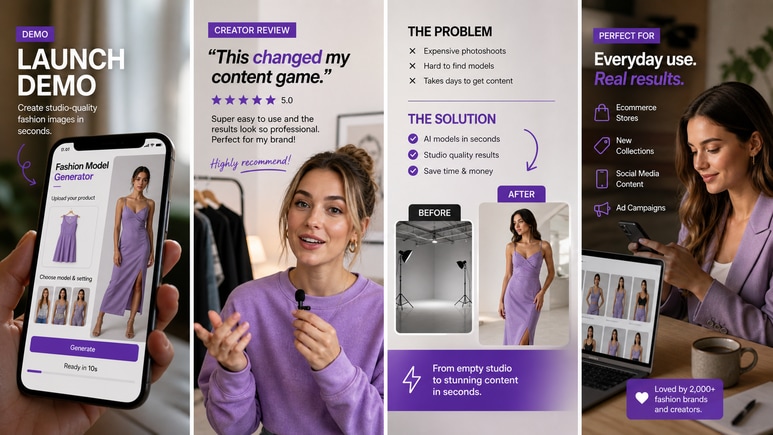 Multiple Fashion Model Generator short video styles for ecommerce creative testing