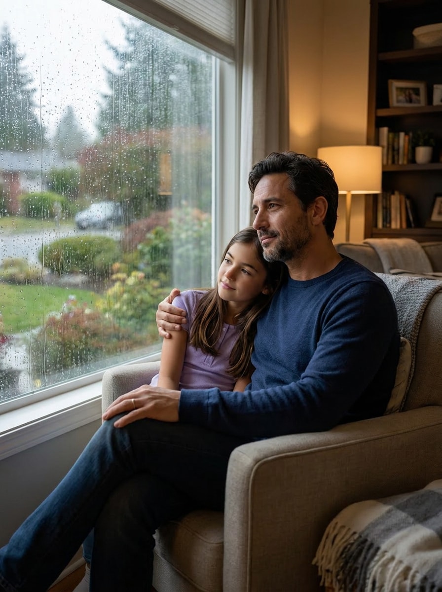 Rainy window father daughter emotional prompt