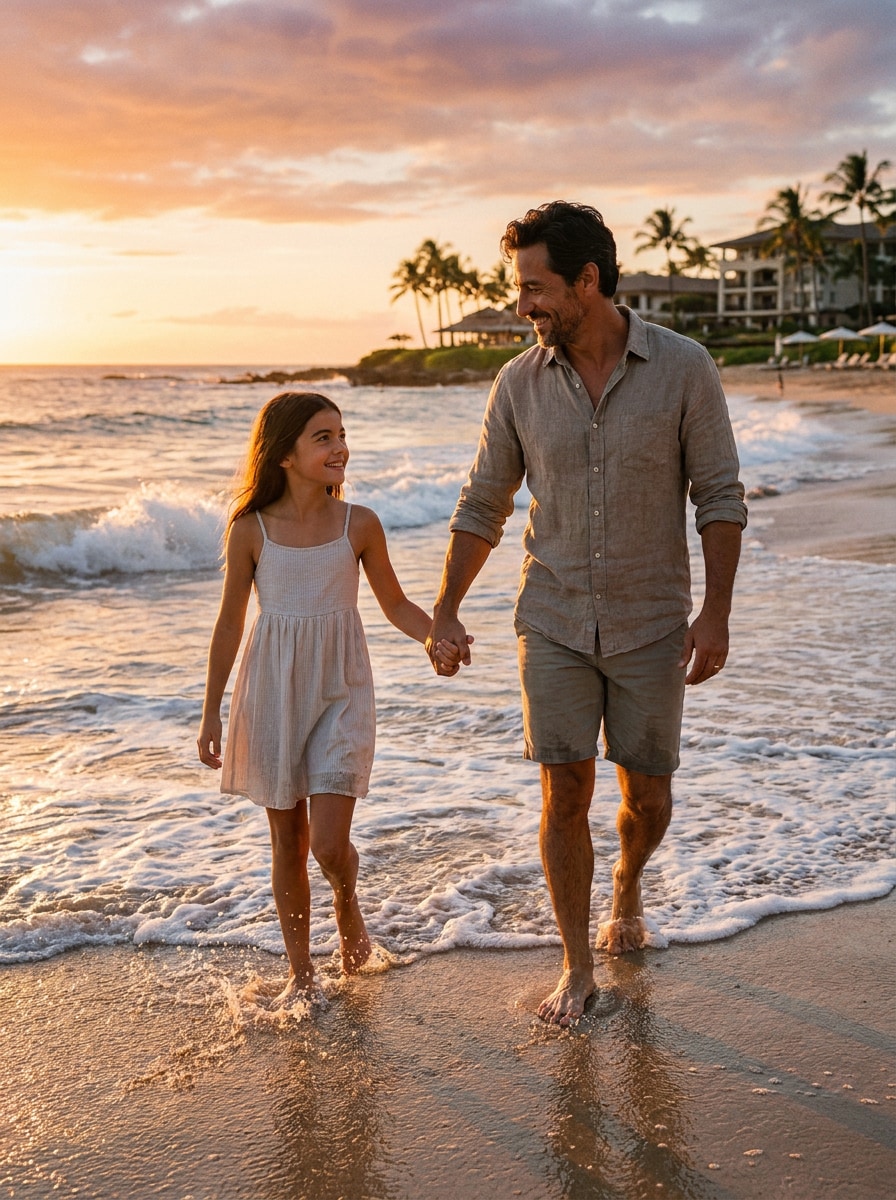 Beach sunset father daughter walk prompt