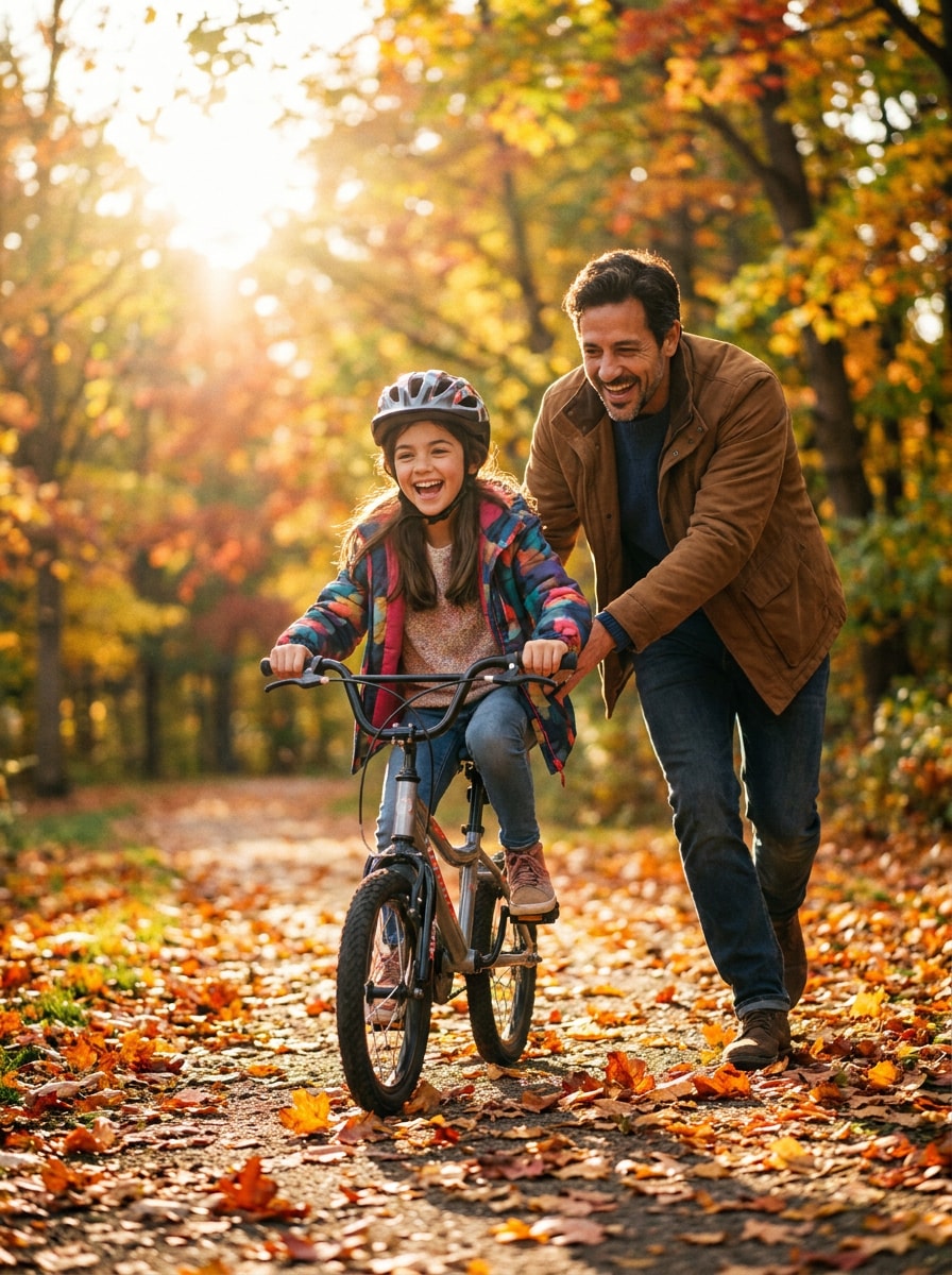 Father teaching daughter bicycle ride prompt
