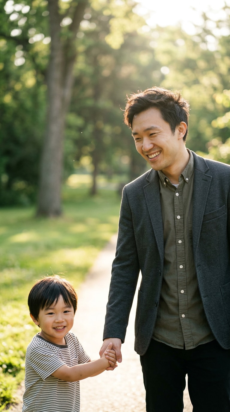 父と子どもの公園散歩写真