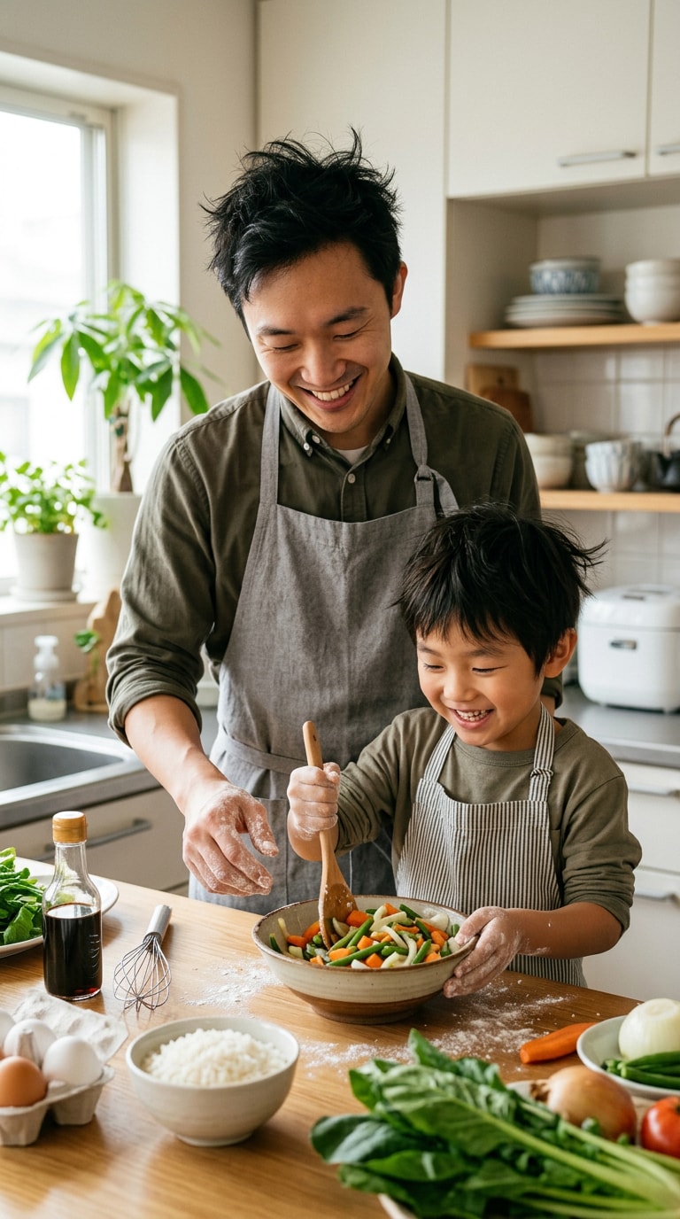 親子で料理する父の日キッチン写真