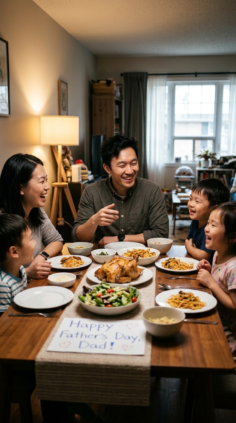 父の日の食卓を囲む家族写真
