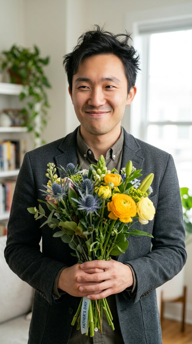 花束を受け取る父の自然写真