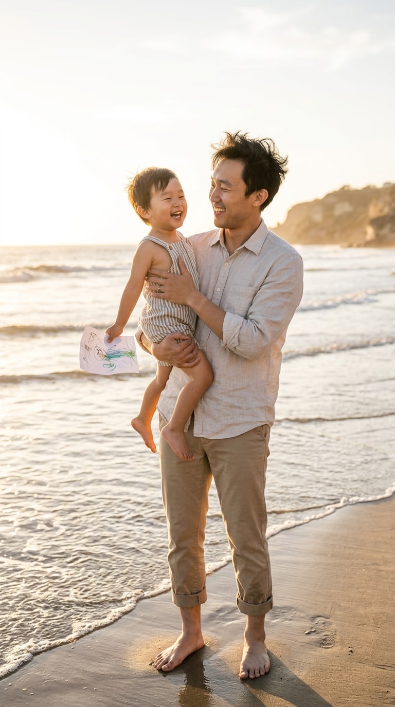 海辺で過ごす父と子の父の日写真