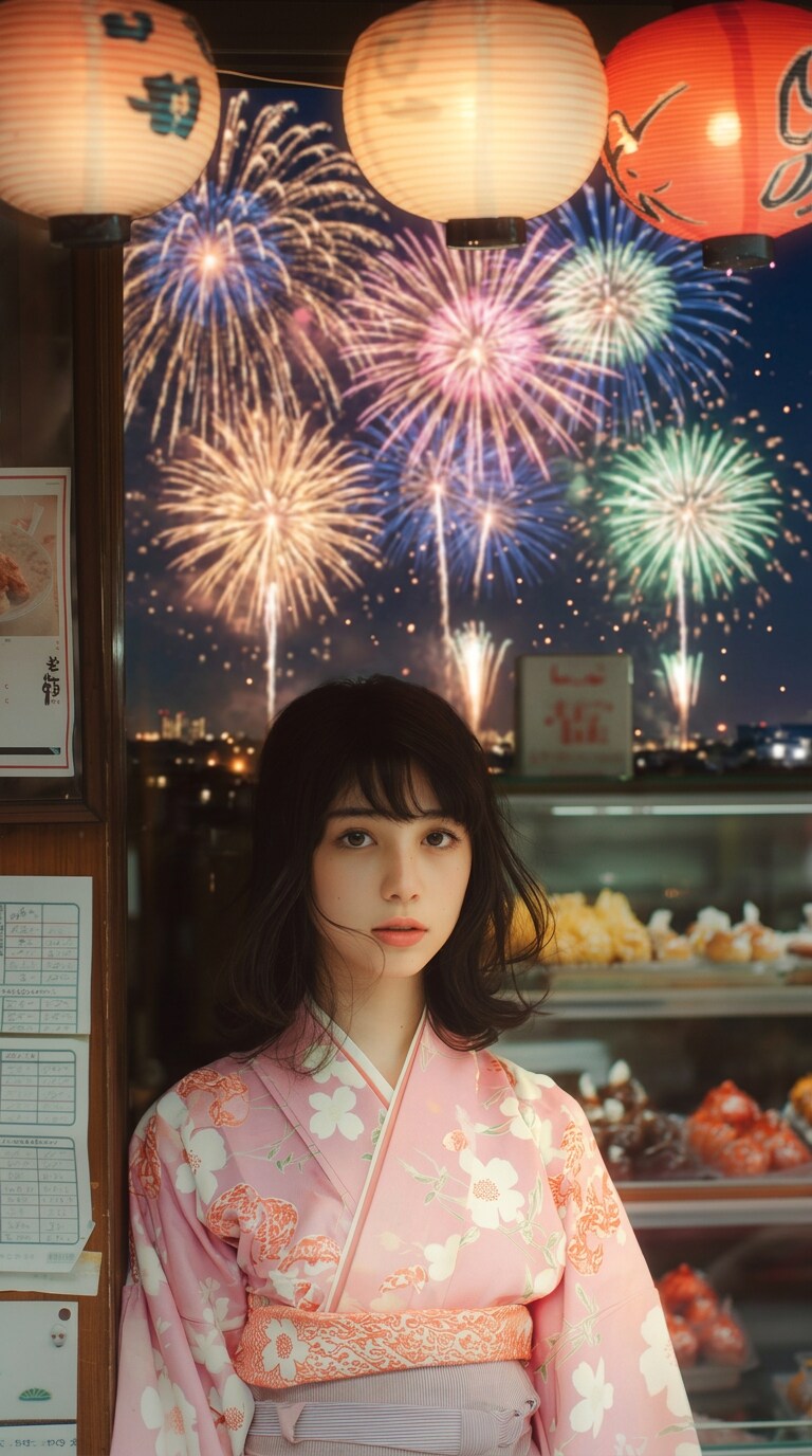 夜空に花火が映える夏の思い出風