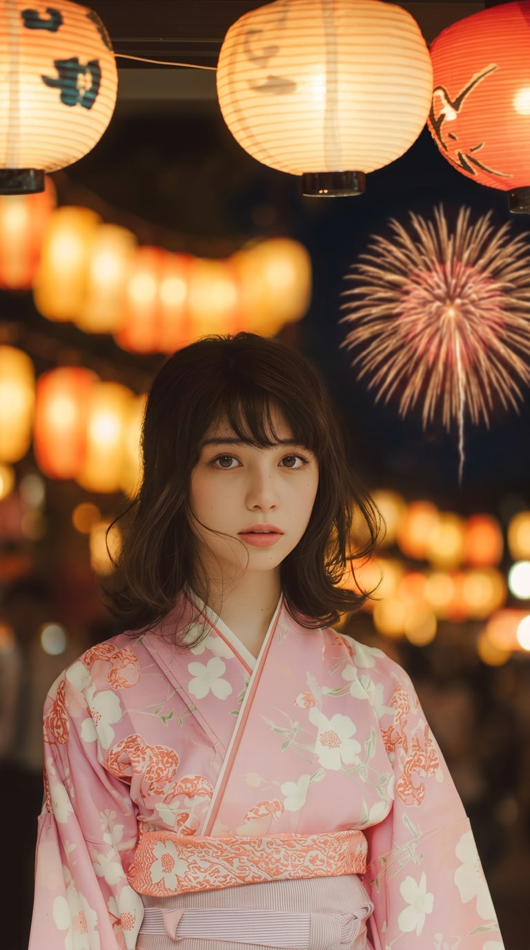提灯と花火が映える夏祭りスナップ風