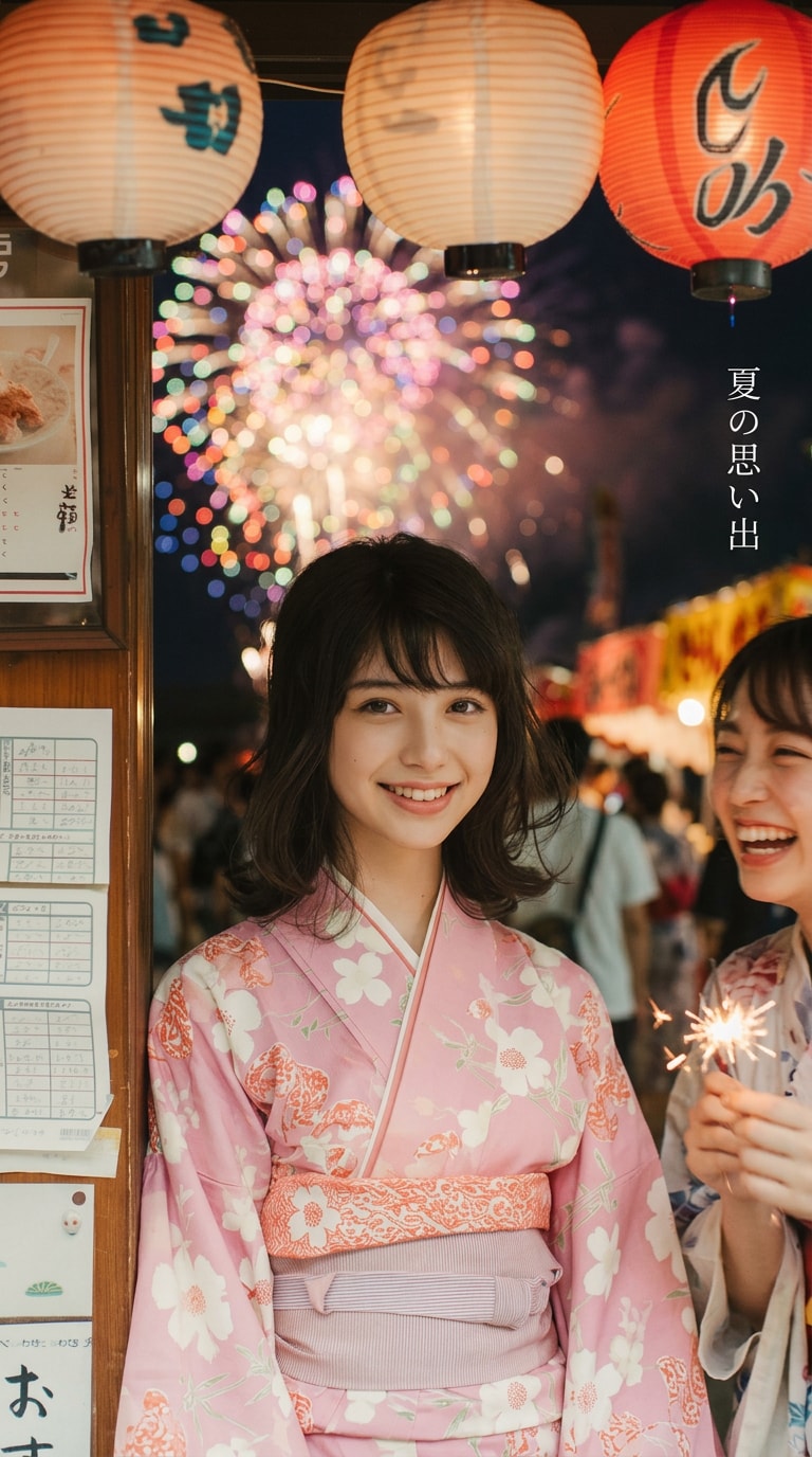 友達と楽しむ青春花火フォト風