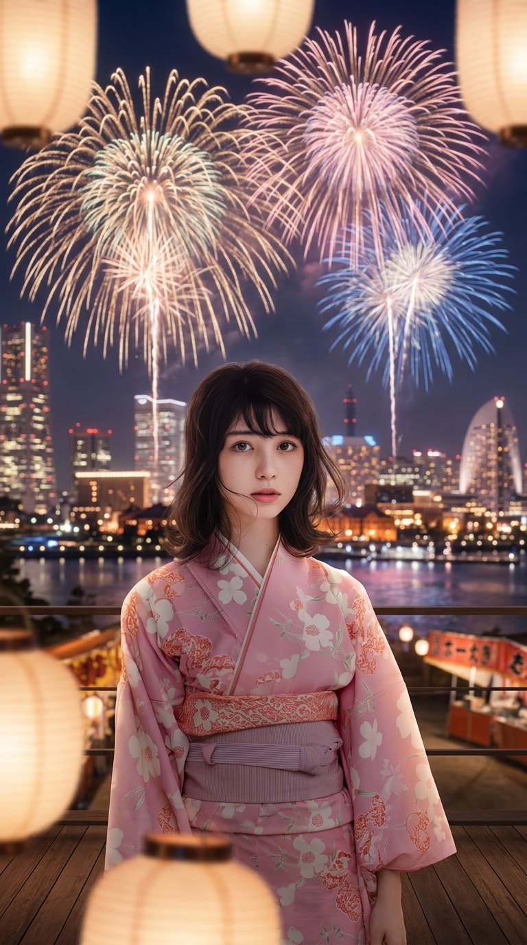 夜景を活かした上品な花火ポートレート