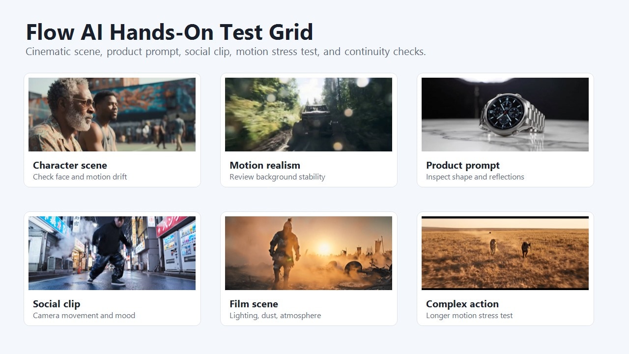 Flow AI video generator hands-on test grid with cinematic, image-to-video, ingredients, product, and camera control results
