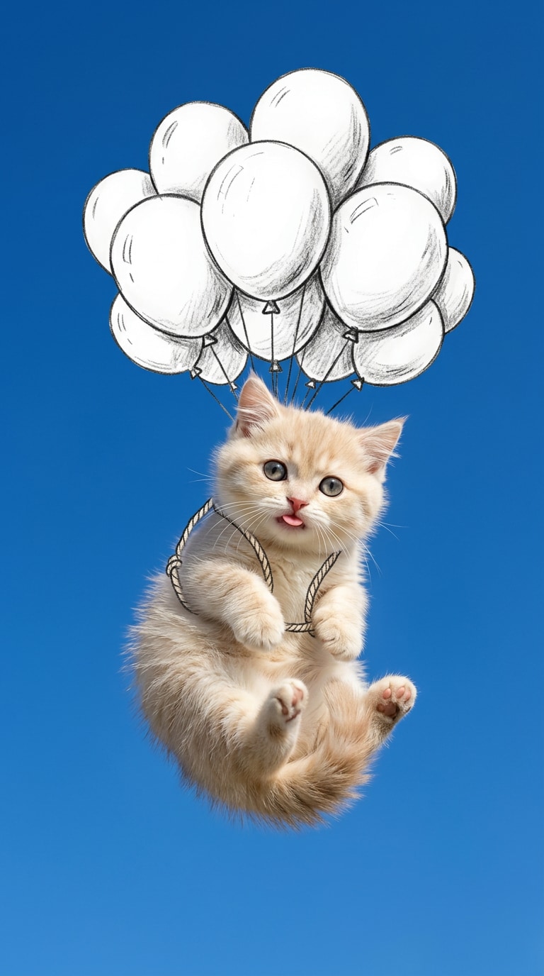 風船につかまって空を飛ぶペット写真