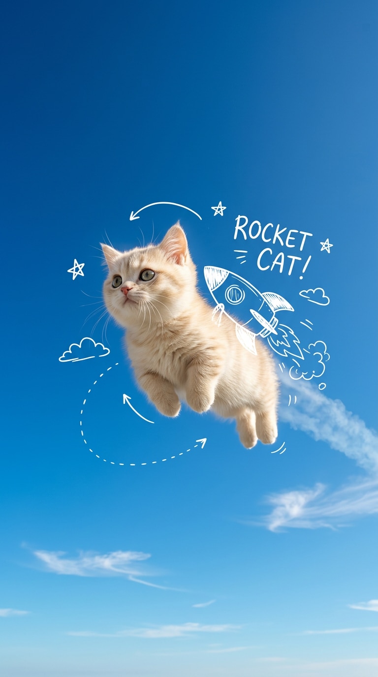 白い手書きロケットで飛ぶペットフォト
