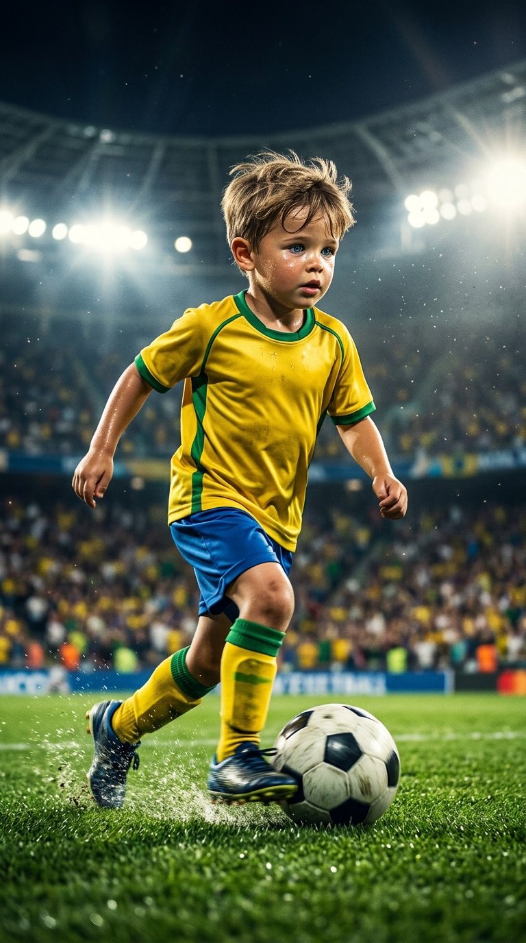 World Cup-inspired boy soccer dribbling poster prompt