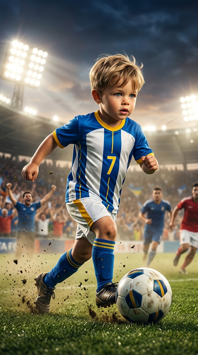 Boy soccer player dribbling ball cinematic poster prompt