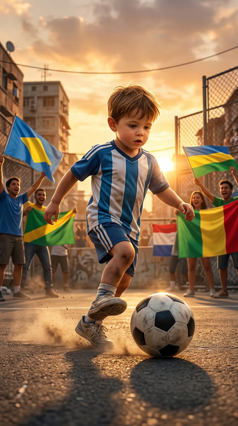 Street soccer boy dribbling AI image prompt