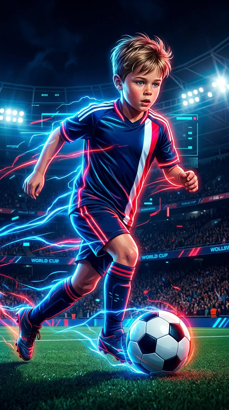 Neon boy soccer dribbling poster prompt