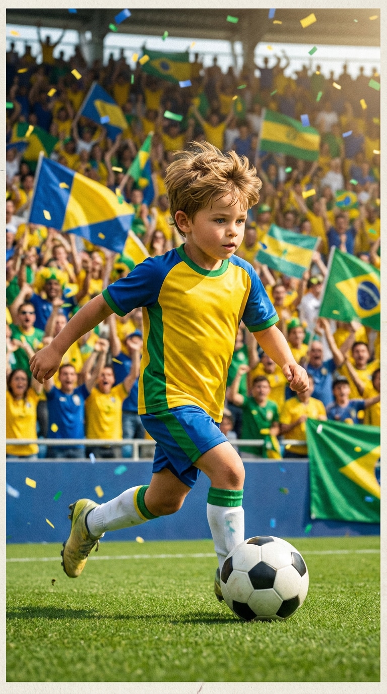 Young soccer player dribbling stadium poster prompt