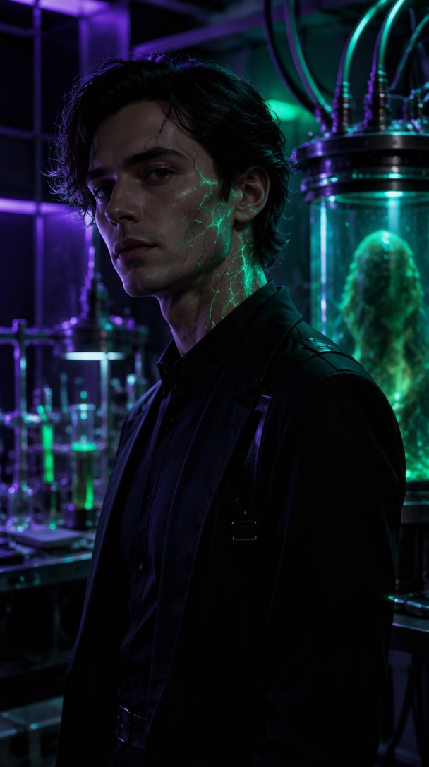 Modern neon Frankenstein transformation AI video effect
