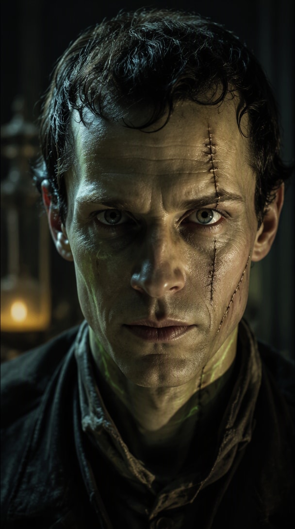 Frankenstein stitched face electric close-up AI video