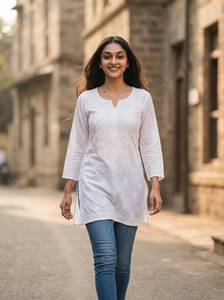 Soft White Cotton Kurti Street Look Gemini AI girl in kurti denim prompt