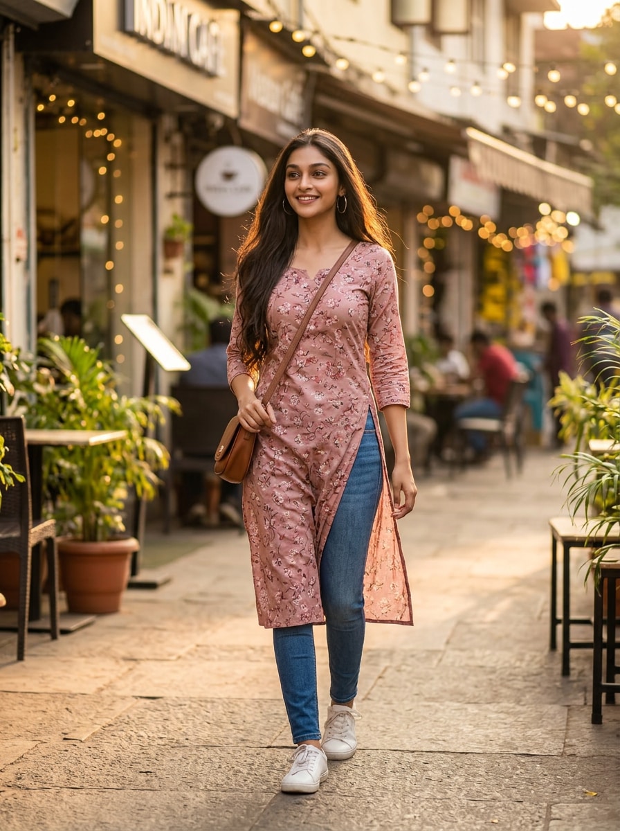 Dusty Pink Kurti Denim Cafe Style Gemini AI girl in kurti denim prompt