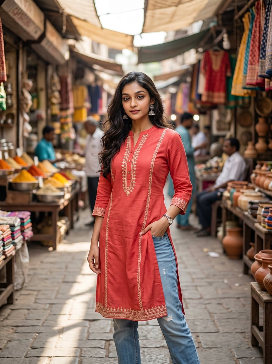 Coral Red Traditional Market Look Gemini AI girl in kurti denim prompt