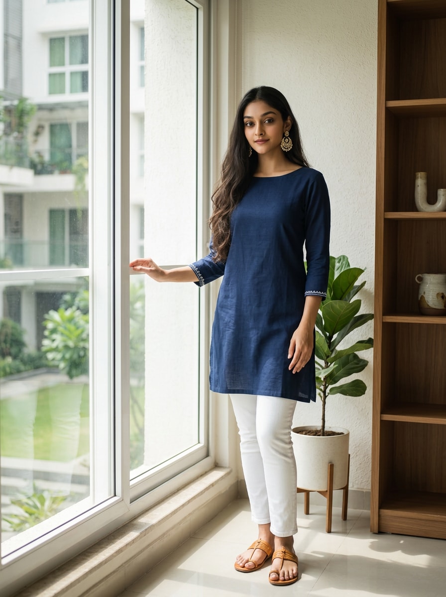 Navy Blue Minimal Kurti Denim Prompt Gemini AI girl in kurti denim prompt